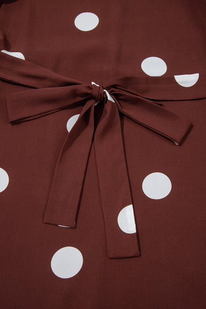Brown Polka Dot Ruffled Hem Long Sleeve Tie Waist Plus Size Dress