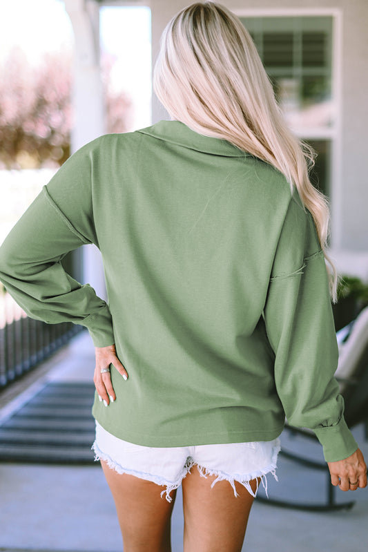 Green Casual Zip Collared Pullover Sweatshirt