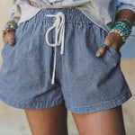 Blue Stripe Drawstring Elastic Waist Casual Denim Shorts