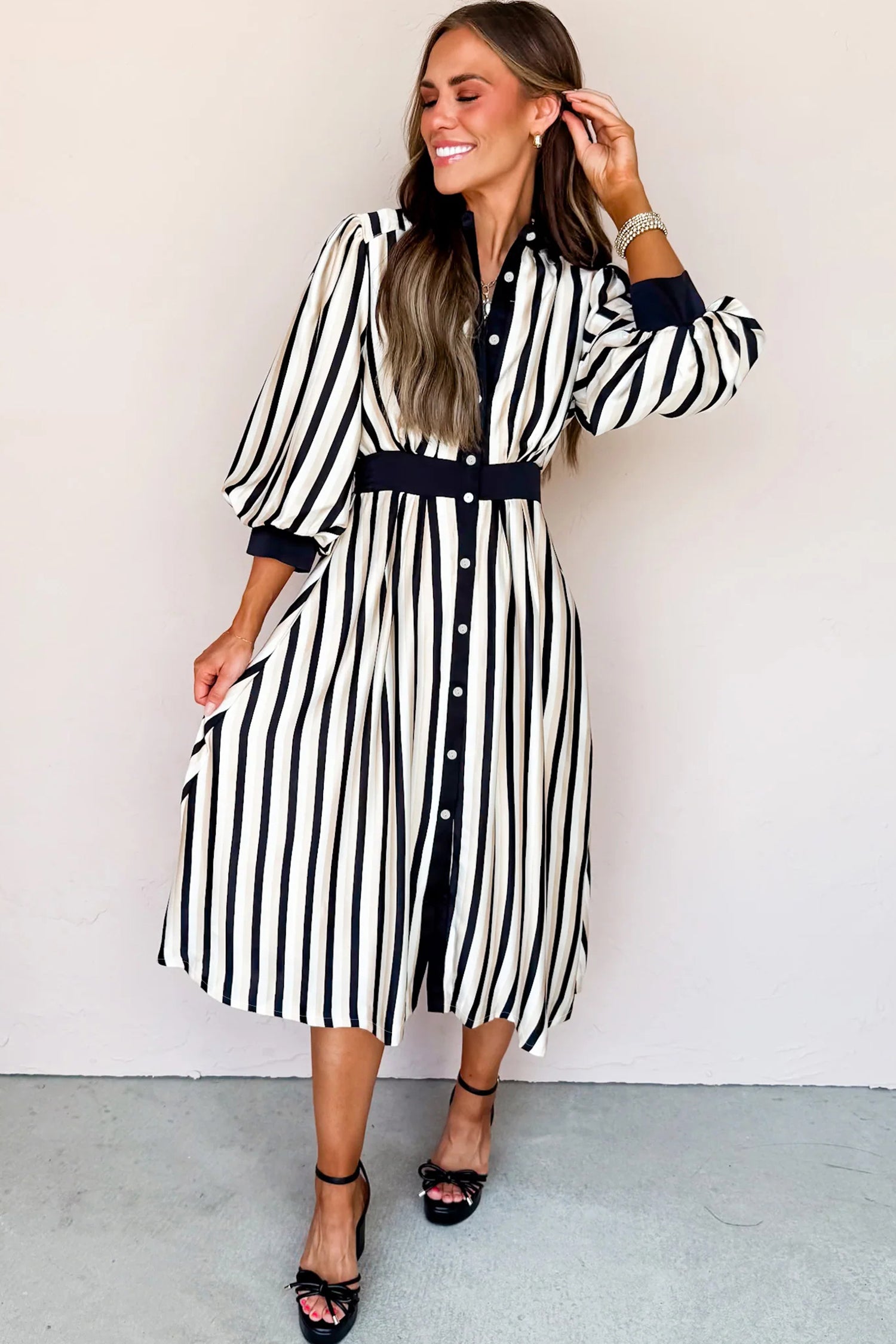 Stripe 3/4 Puff Sleeve Button Midi Dress Black Stripe / L Stripe 3/4 Puff Sleeve Button Midi Dress Black Stripe / L