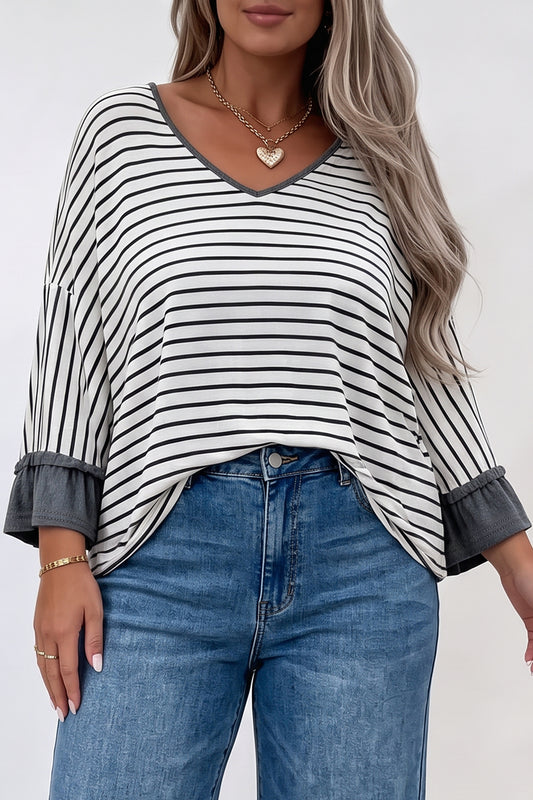 Gray Stripe Ruffled Bracelet Sleeve V Neck Plus Size Top