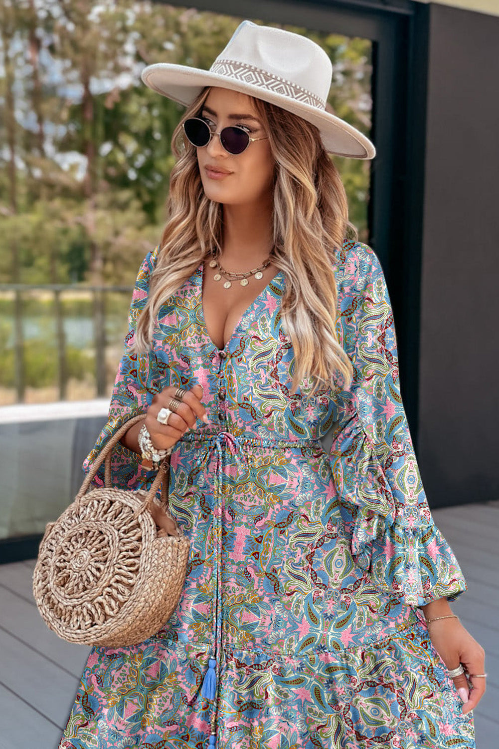 Green Paisley Printed Ruffle Trim Elegant Maxi Dress