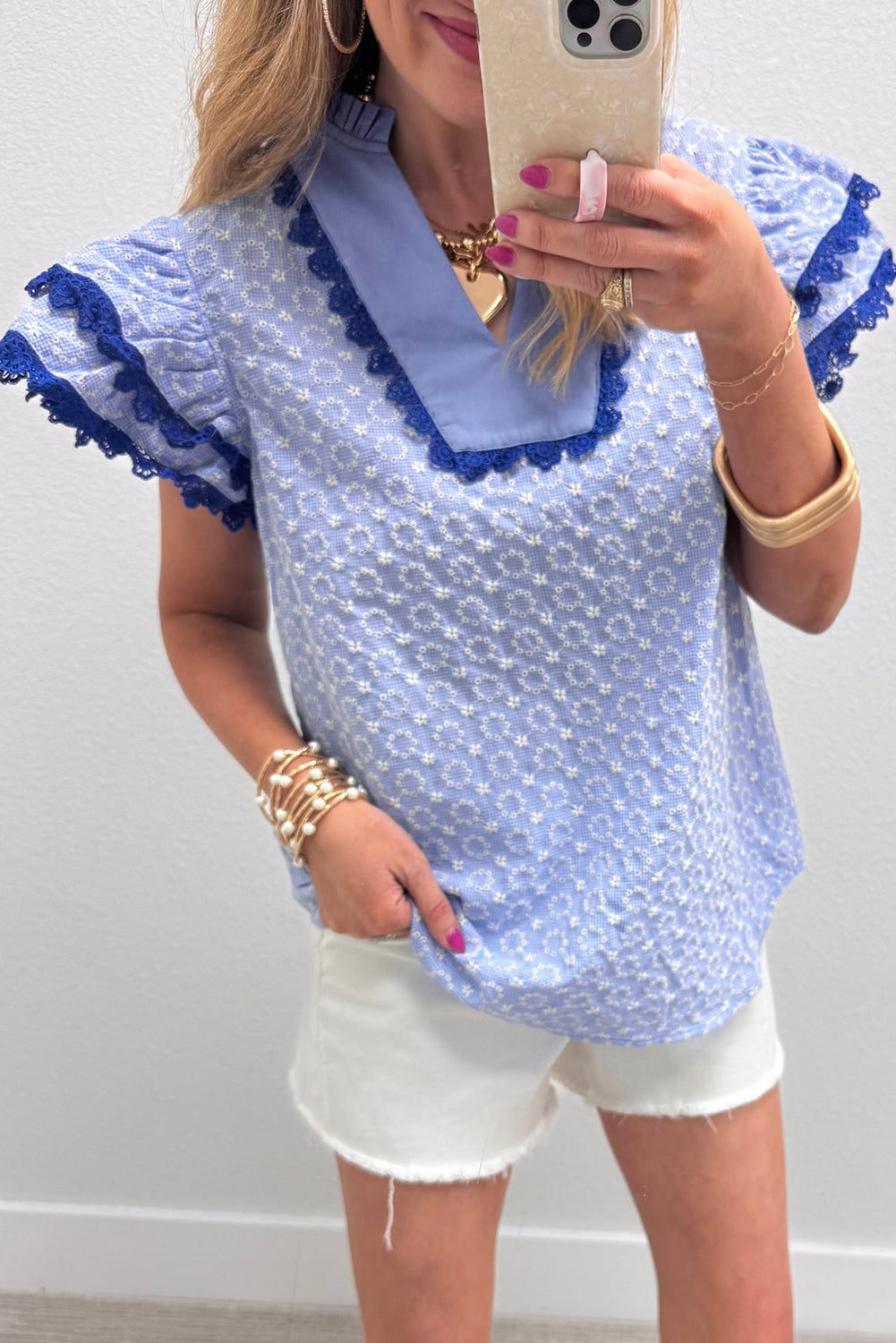 Pink Eyelet Embroidered Flower Texture Contrast Lace Trim Flutter Sleeve Blouse