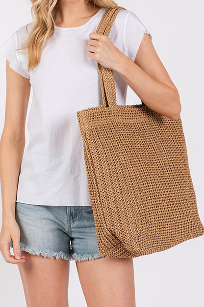 Camel Solid Color Straw Woven Summer Beach Tote Bag
