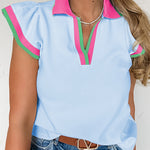 Beau Blue Color Contrast Ruffled Sleeve Collared V Neck Blouse