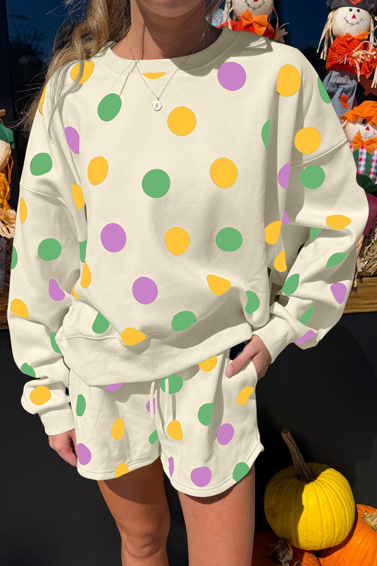 Multicolour Polka Dot Print Drop Shoulder Pullover Drawstring Shorts Set