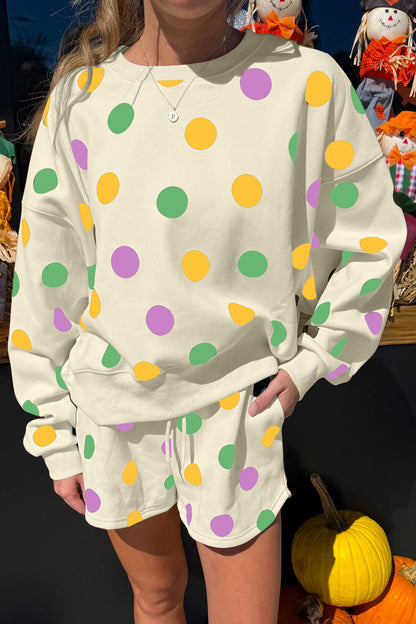Multicolour Polka Dot Print Drop Shoulder Pullover Drawstring Shorts Set