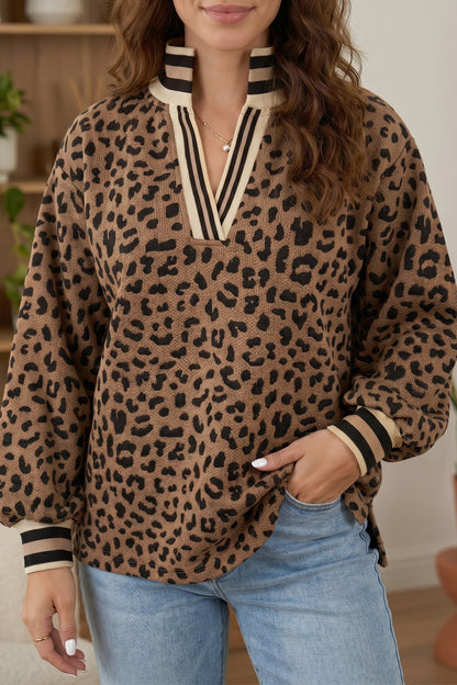 Brown Leopard Print Striped Trim Collar Long Sleeve Shift Pullover