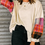 Beige Contrast Plaid Long Sleeve Exposed Seam Patchwork Top
