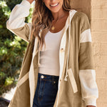 Light French Beige Waffle Contrast Knit Color Block Patchwork Button Front Oversize Hoodie