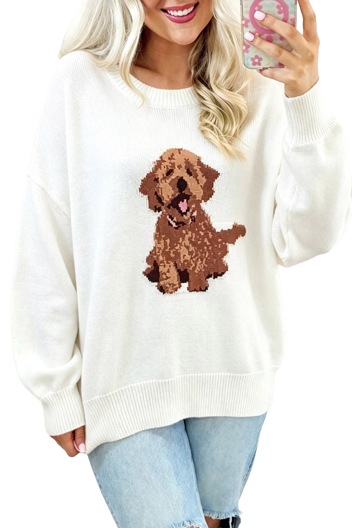 White Cozy Dog Print Dropped Shoulder Relaxed Sweater