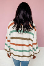 Beige Drop Shoulder Pocketed Stripe Sweater Cardigan