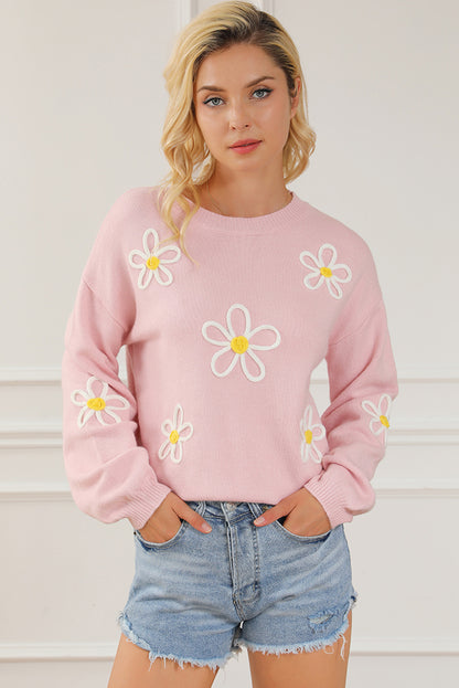 Pull ras du cou rose en chenille avec coutures marguerites 