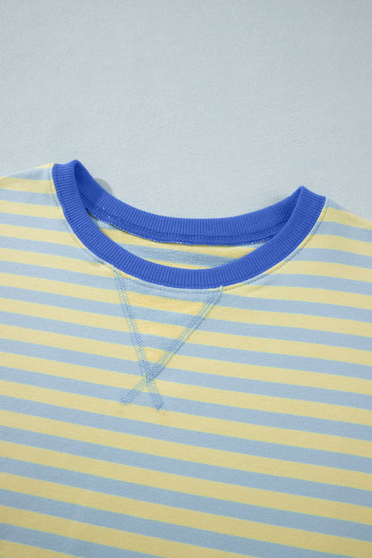 Pink Stripe Colorblock Trim Crew Neck Loose Tee Drawstring Elastic Waist 2pcs Pant Set
