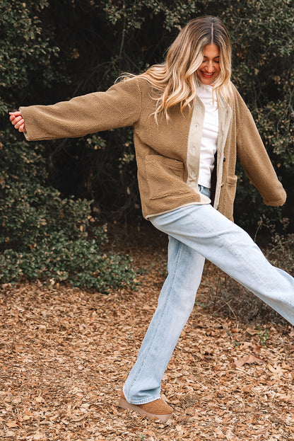 Light French Beige Puffy Plush Corduroy Edge Patchwork Jacket with Big Pockets