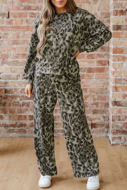 Gray Leopard Print Raw Seam Patchwork Pullover Drawstring Loose Pant Set