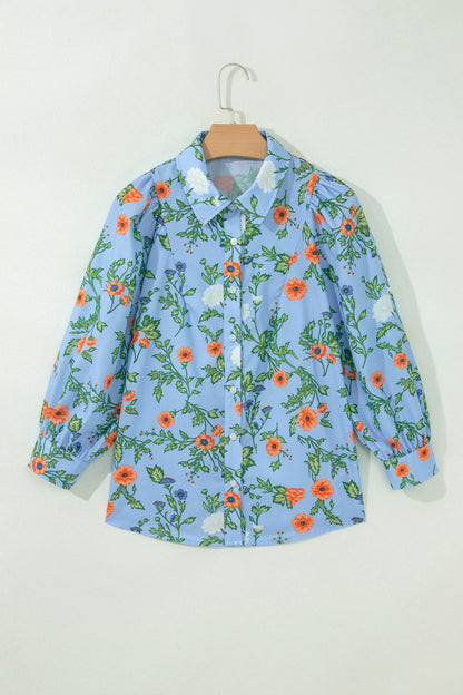 Sky Blue Floral Print Bracelet Sleeve Button Down Casual Shirt