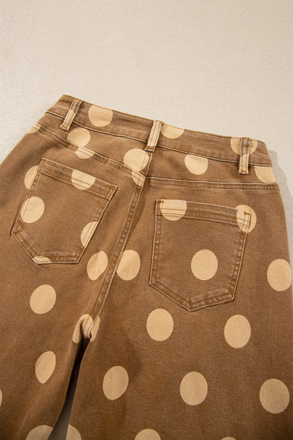 Brown Polka Dot Ankle-Length Metal Button Casual Jeans