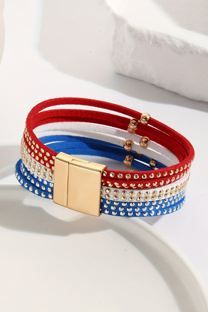 Bracelet multicouche clouté à boucle magnétique pour le Jour du Drapeau Bleu Ciel
