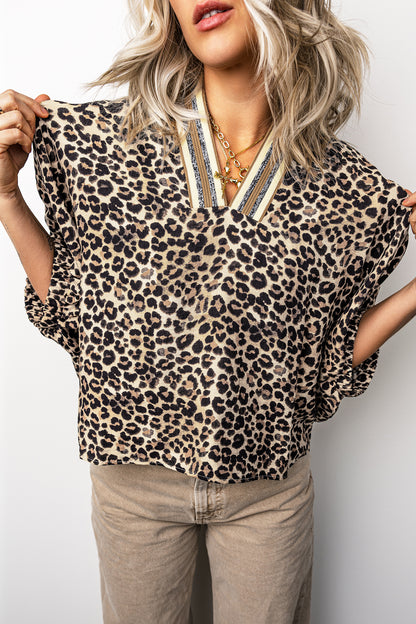 Leopard Contrast Trim V Neck Half Sleeve Western Dolman Blouse