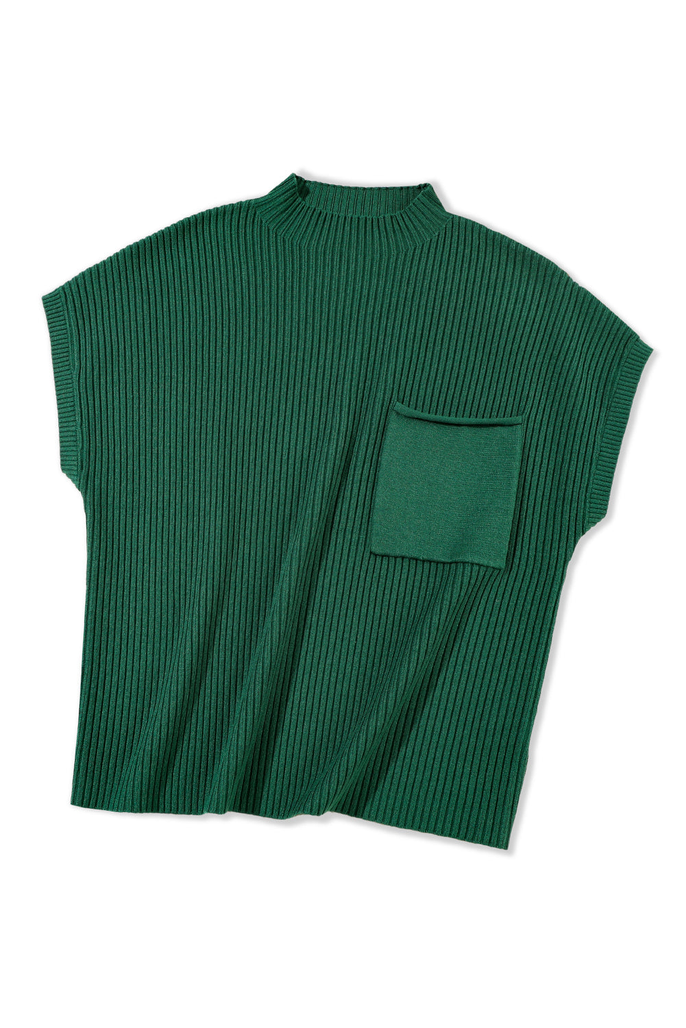 Pull à manches courtes en tricot côtelé vert noirâtre avec poches plaquées