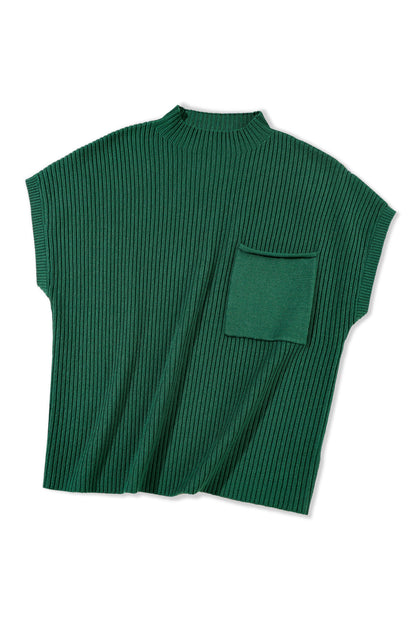 Pull à manches courtes en tricot côtelé vert noirâtre avec poches plaquées