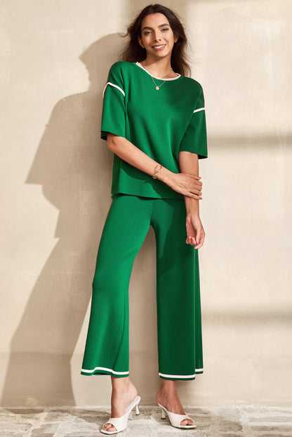 Blackish Green Contrast Trim Half Sleeve Top Drawstring Pants Loose 2pcs Sweater Suit