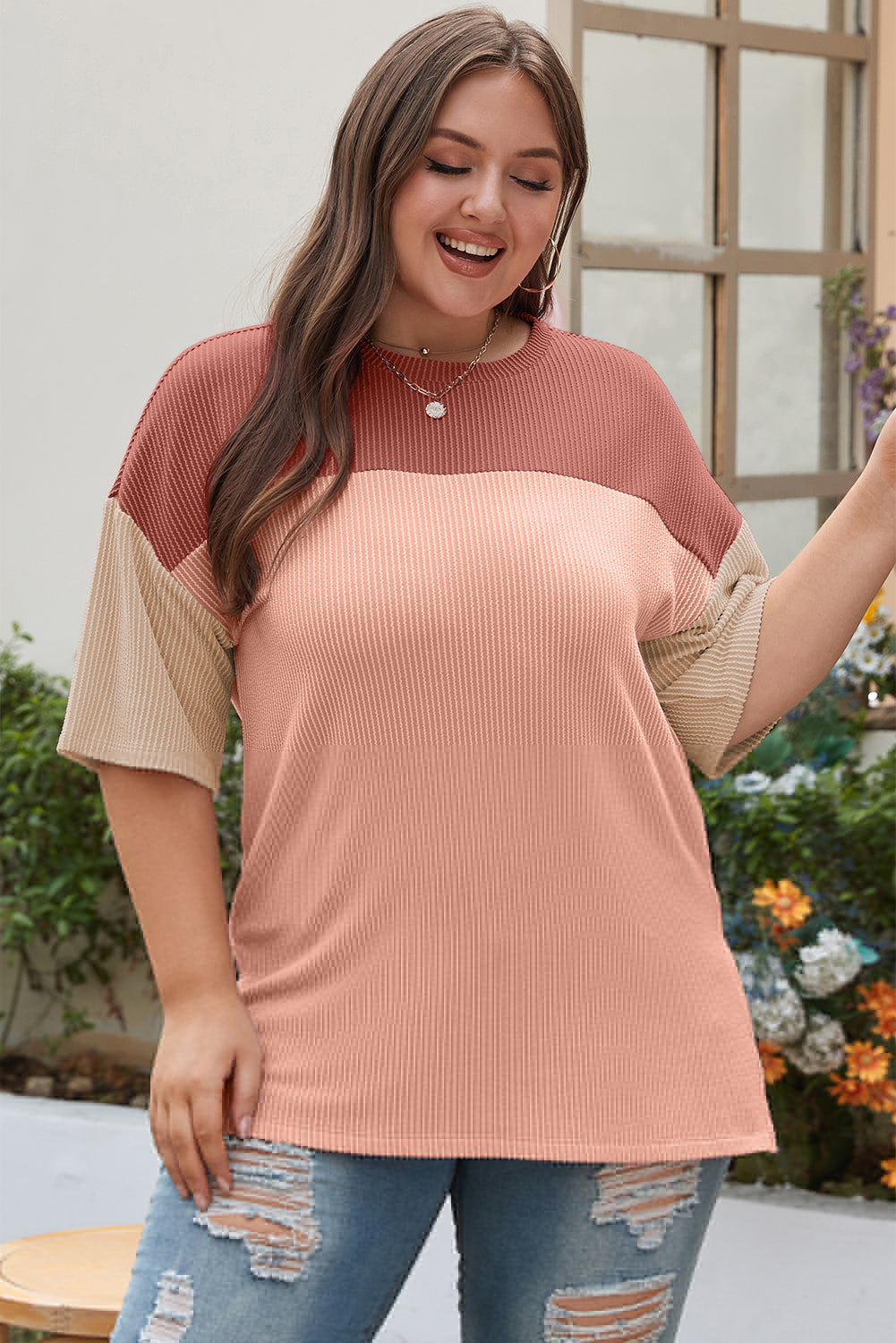 T-shirt côtelé colorblock rose grande taille