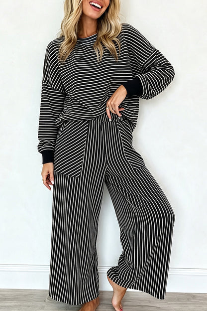 Black Stripe Drop Shoulder Relaxed Pullover Casual Pants 2pcs Set