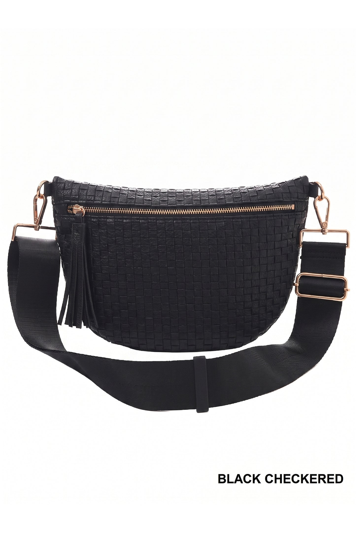 Color black Checkered Woven PU Leather Crossbody Bag Adjustable Strap Large Size