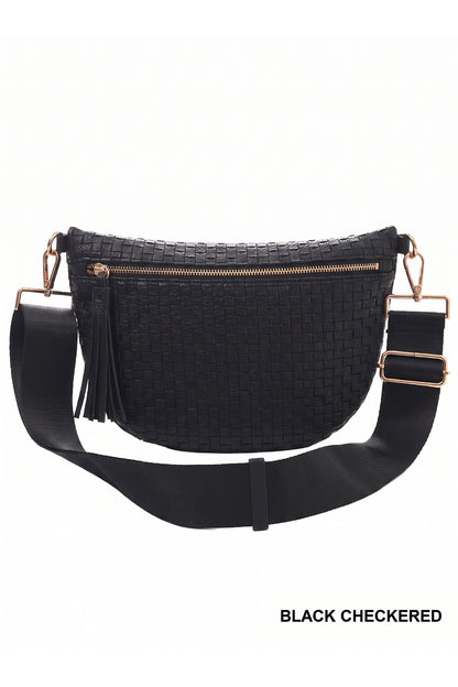 Color black Checkered Woven PU Leather Crossbody Bag Adjustable Strap Large Size
