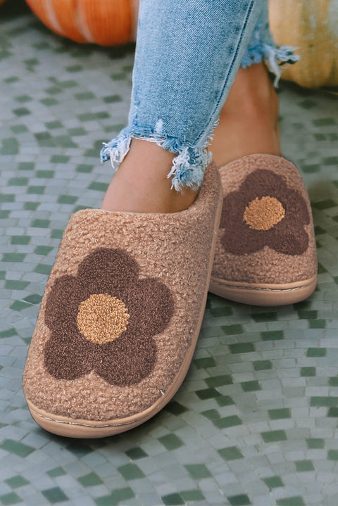 Camel Fuzzy Flower Pattern Homewear Slippers