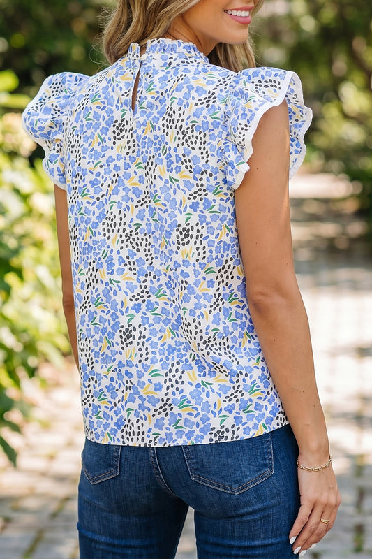 Sky Blue Abstract Print High Neck Flutter Sleeves Top