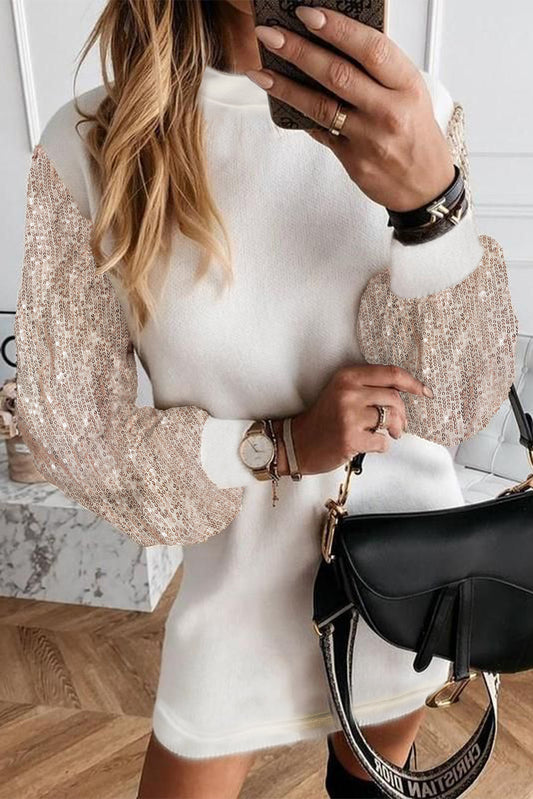 White Sequin Puff Sleeve Shift Mini Dress