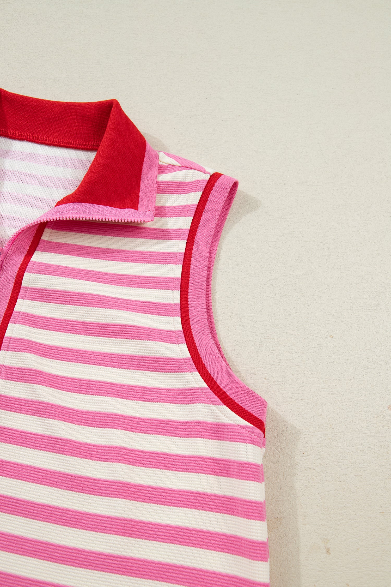 Sachet Pink Textured Stripe Print Contrast Trim Zip Collar Sleeveless 2pcs Skort Set