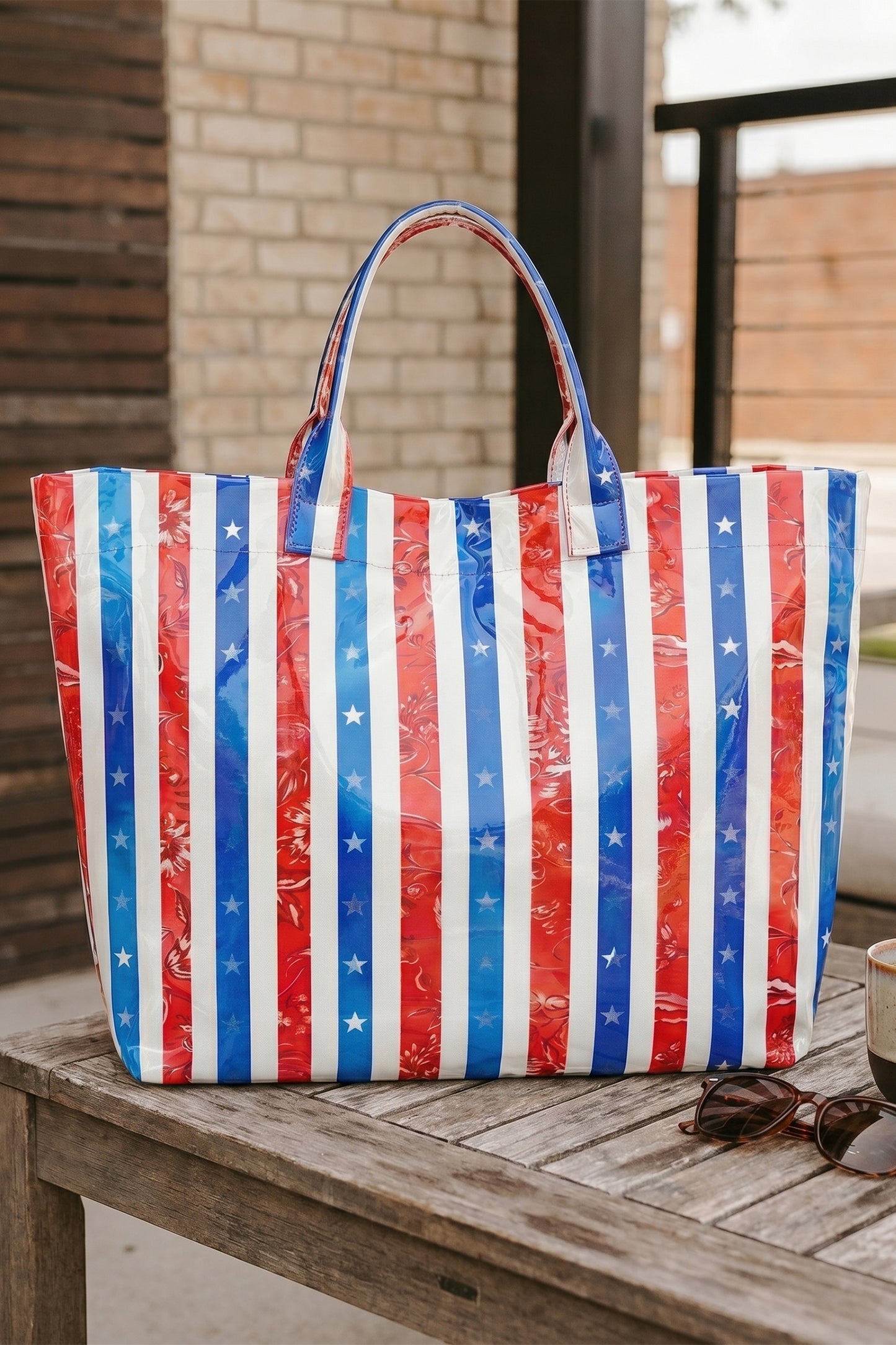 Sky Blue Patriotic Stars and Stripes Pattern Vinyl Glossy Tote Bag