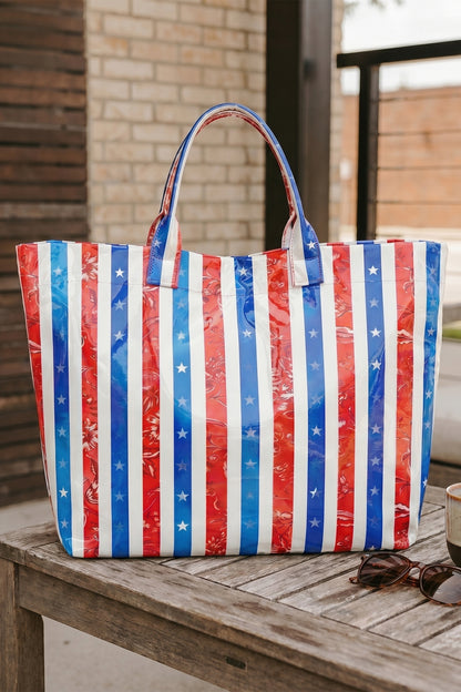 Sky Blue Patriotic Stars and Stripes Pattern Vinyl Glossy Tote Bag