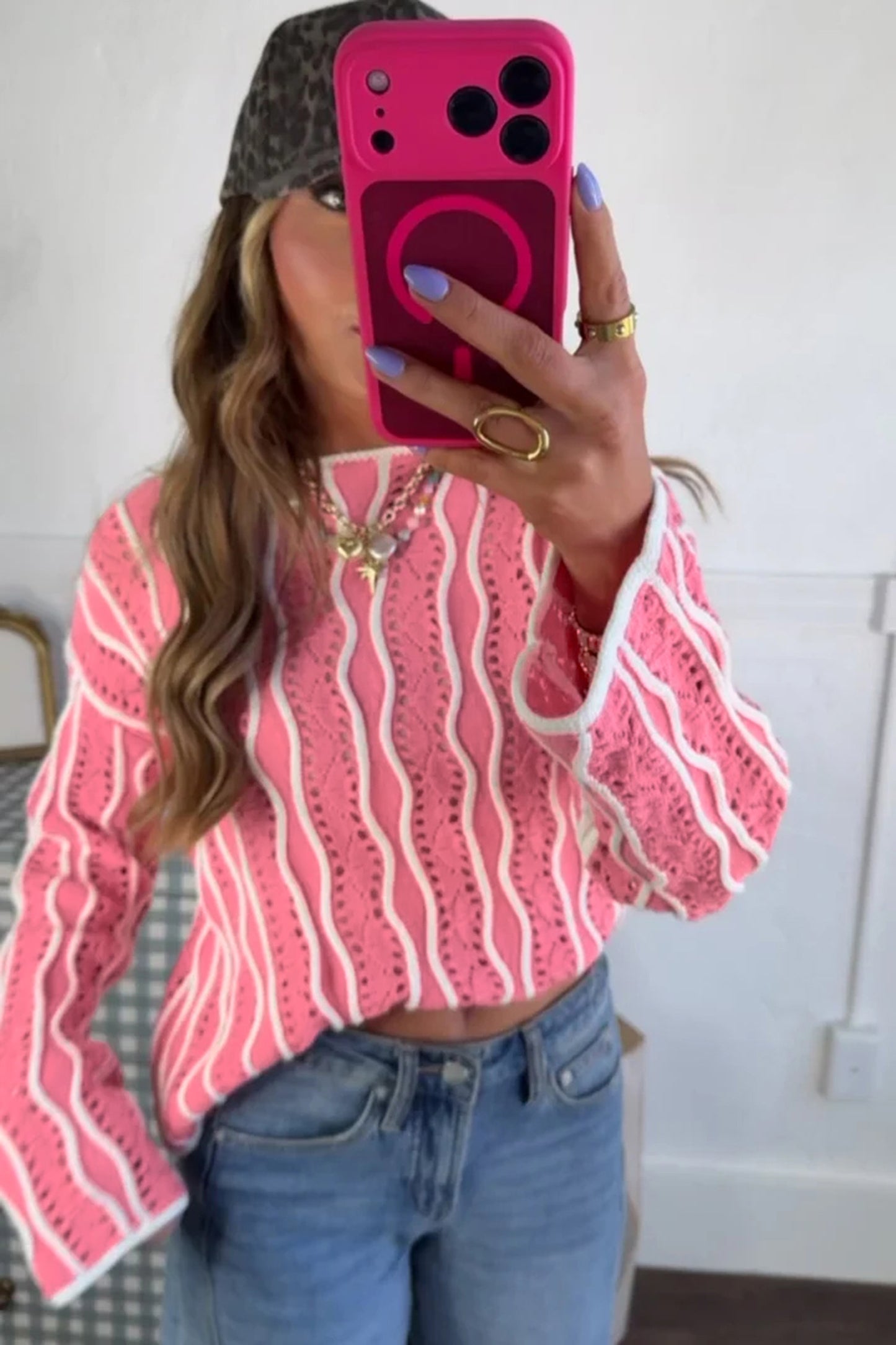Pink Wavy Detail Hollow Out Knit Long Sleeve Cotton Pullover Sweater