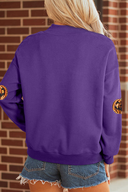 Tillandsia Purple Sequin Pumpkin Spooky Graphic Halloween Pullover Sweatshirt
