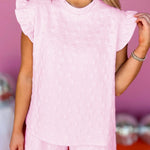 Pink Bow Jacquard Ruffle Sleeve Short 2pcs Outfit