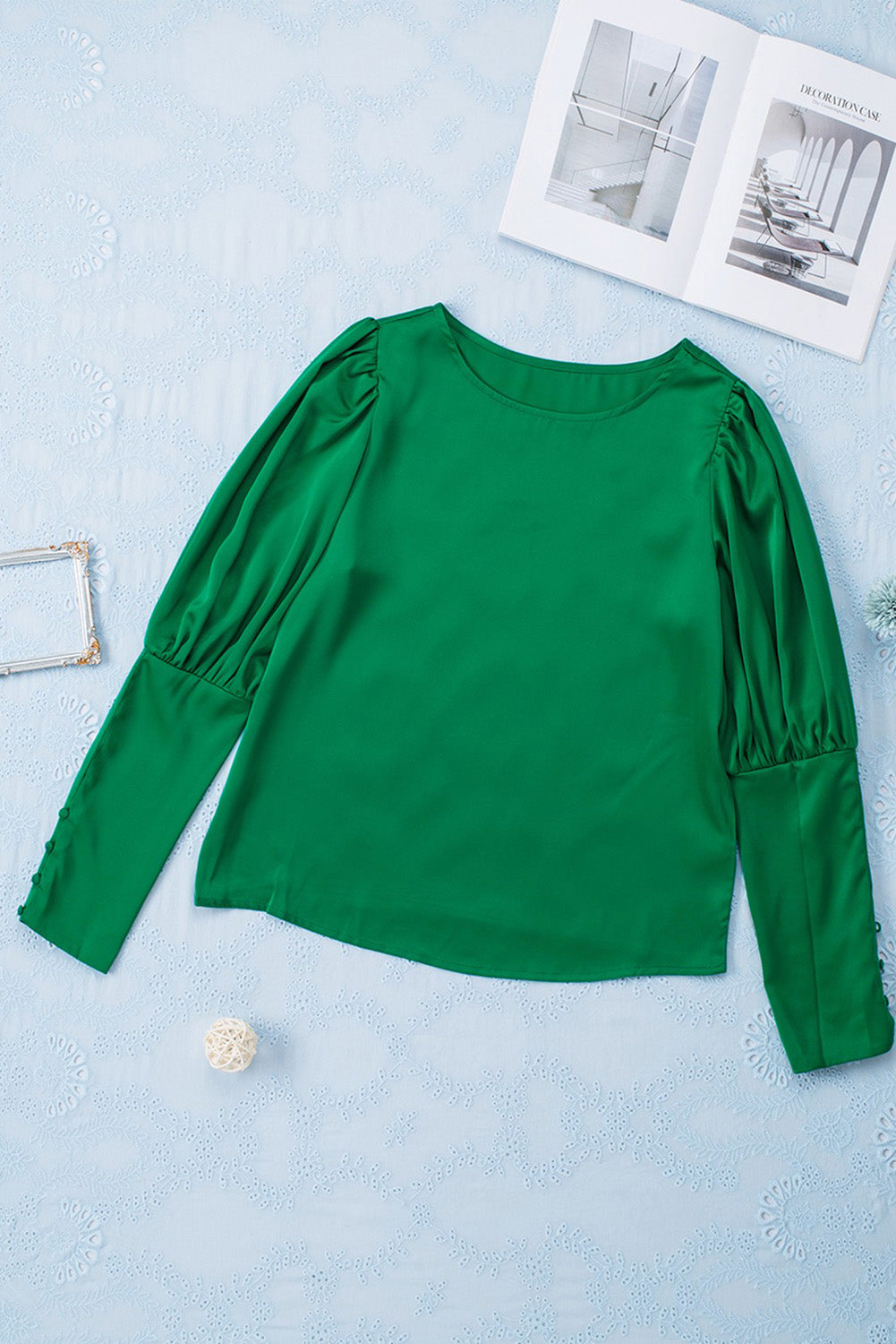 Satin Buttoned Cuffs Puff Sleeve Top