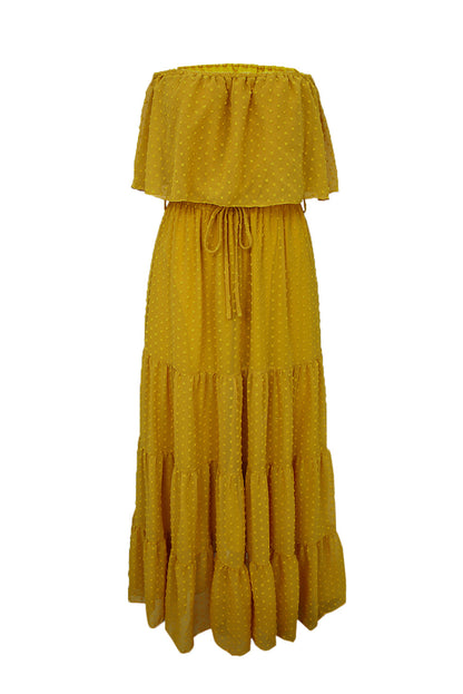Yellow Yellow Off Shoulder Ruffle Swiss Dot Maxi Dress