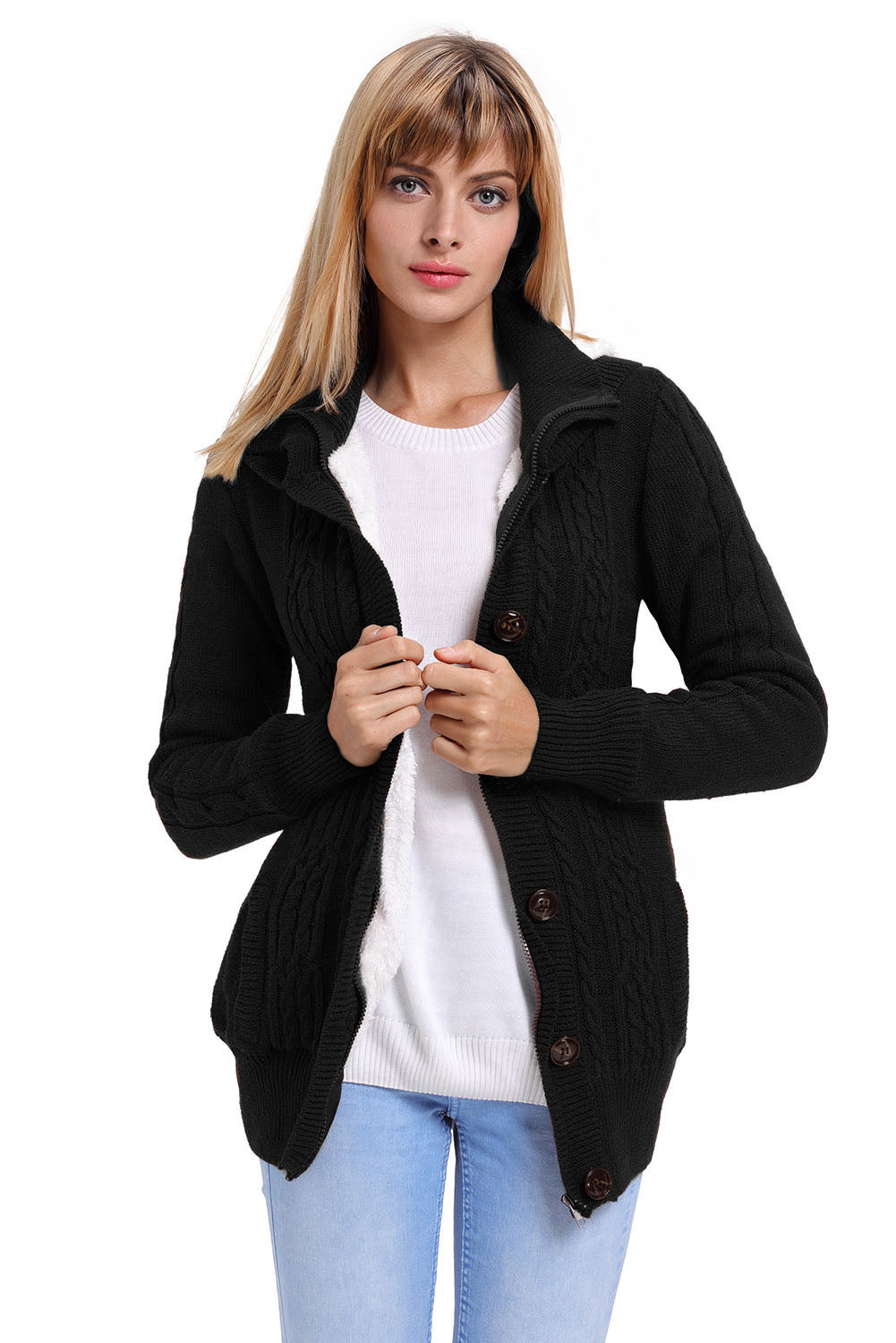 Black Long Sleeve Button-up Hooded Cardigans