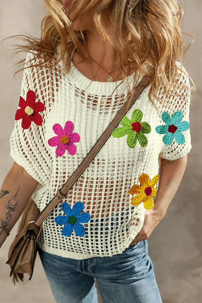 T-shirt blanc à fleurs en crochet ajourées 