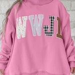 Bonbon WWJD Mixed Pattern Embroidered Patch Graphic Mock Neck Sweatshirt