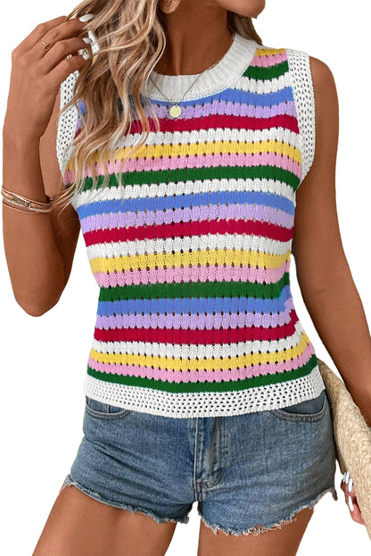 Gilet pull slim en maille rayée multicolore à œillets
