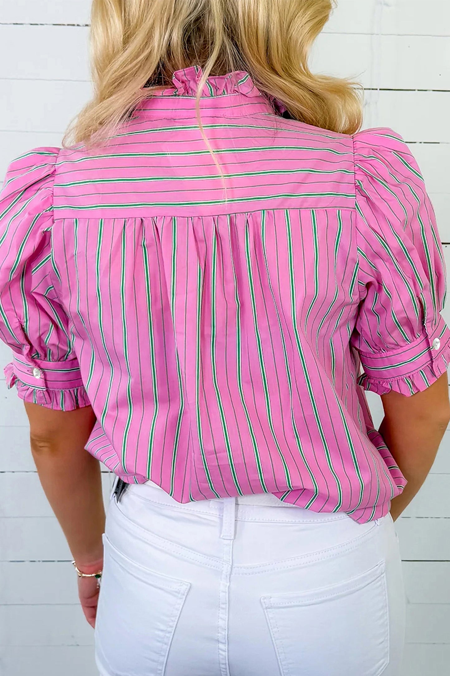 Pink Stripe Ruffle Trim Half Button Short Puff Sleeve Blouse