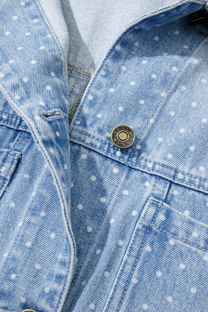 Sky Blue Polka Dot Long Sleeve Collar Pocket Casual Shift Silhouette Denim Jacket