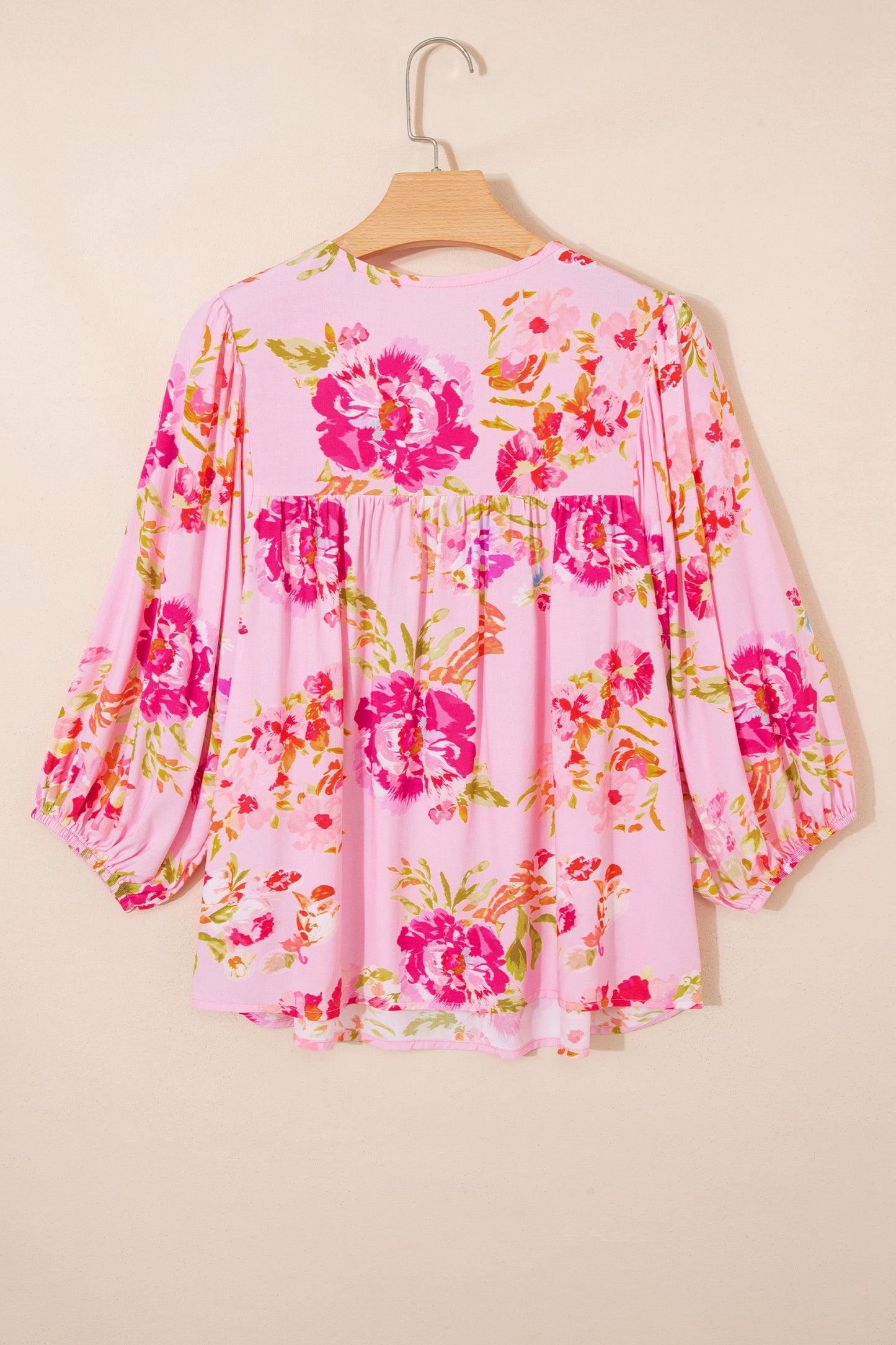 Pink Floral Print Tie Neck Puffy Half Sleeve Blouse
