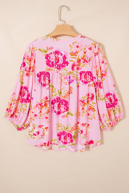 Pink Floral Print Tie Neck Puffy Half Sleeve Blouse